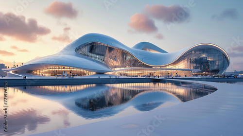 Modern architecture with futuristic design elements, reflecting in water under a blue sky, perfect for themes of urban development or technological advancements