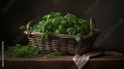 still life composition featuring a rustic basket filled with freshly harvested basil