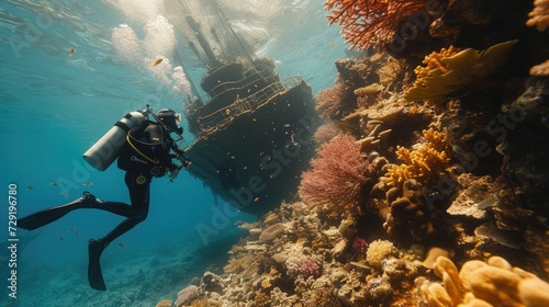 Wallpaper Mural A scuba diver floats near a coral reef, a sunken ship in the background. The water is clear, and the colors of the reef are vibrant. Torontodigital.ca