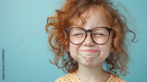 A young girl with curly red hair wearing large round glasses and making a playful pouty face against a light blue background.