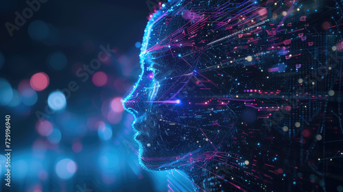A mesmerizing 3D abstract representation of a futuristic digital mind interconnected within a cybernetic network. This ethereal image showcases the transcendence of technology and consciousn photo