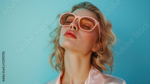 Horizontal beauty portrait featuring a blonde woman in pastel colors and lively makeup.