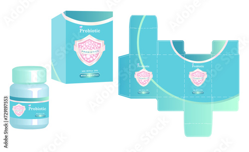 The packaging design of dietary supplement product  probiotic plus hyaluronic acid and collagen concept box template and mockup box  illustration vector.