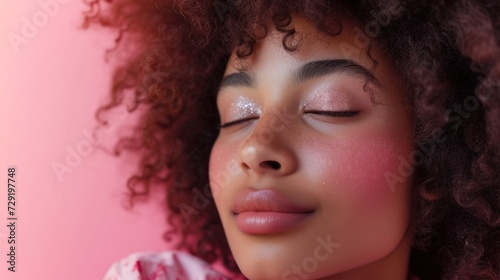 Vibrant closeup shot capturing the elegance of a joyful woman in pastel hues and glitter makeup.