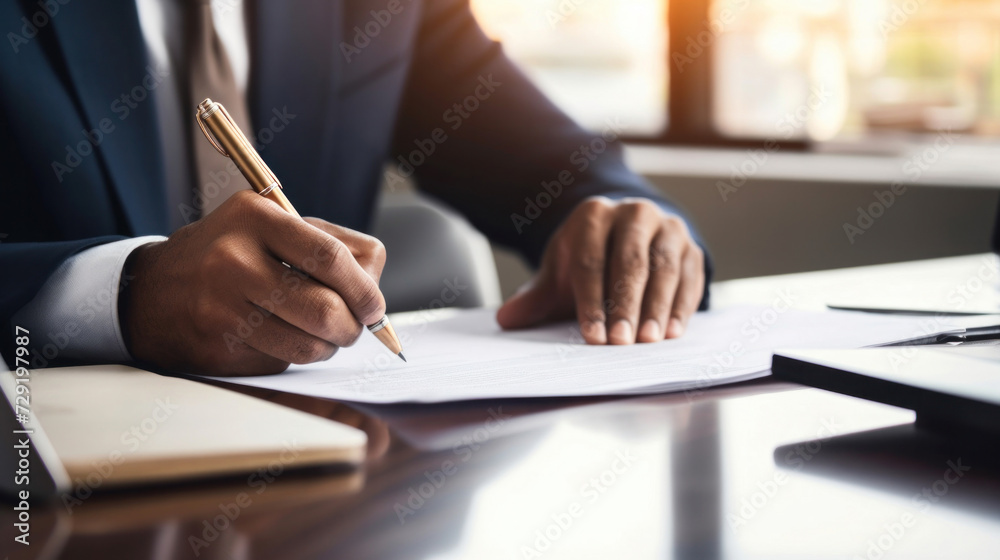 Close up hand of businessman in suit writing business papers at desk in modern coworking office. Close up hand of businessman in suit writing business papers at desk in modern coworking office.