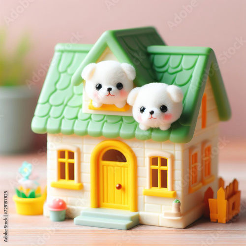 Cute toy little white house with puppy toys