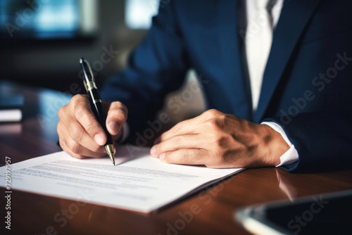 Close up hand of businessman in suit writing business papers at desk in modern coworking office.