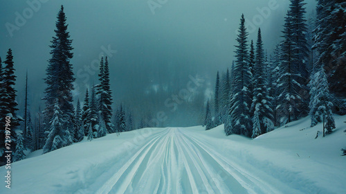 Snowy winter forest road in a remote, frosty landscape, capturing the serene beauty and solitude of nature in the coldest inhabited places like Oymyakon, Russia