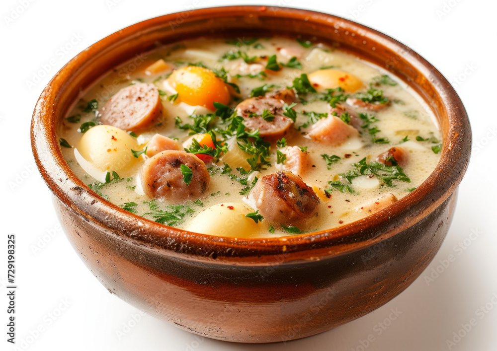 Polish white borscht, creamy Easter soup with sausage and eggs, close-up view at an angle of 45 degrees, on a white background, food photography. Easter celebration concept and festive products