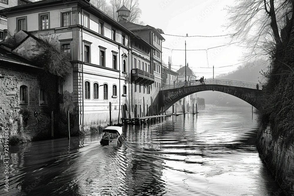 Naklejka premium bulding on the river, black and white portrait