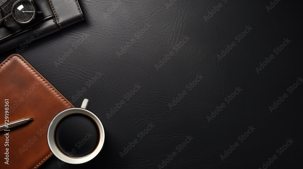 Equipment, Office leather workspace with office supplies and copy space on dark background. Top view