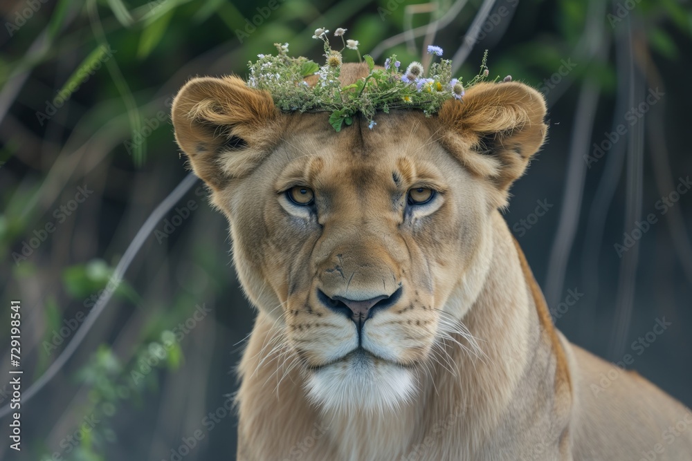 lioness with a crown of wildflowers looking at the camera lioness with a crown of wildflowers looking at the camera