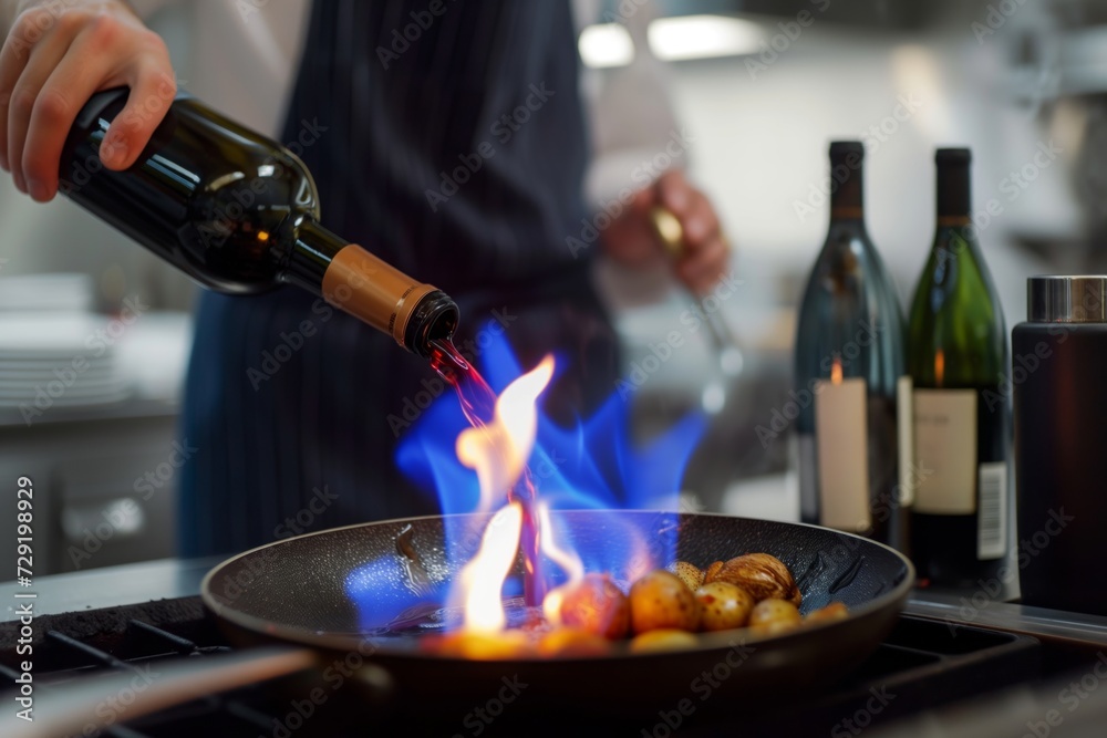 chef streaming wine into a pan, igniting a blue flame chef streaming wine into a pan, igniting a blue flame