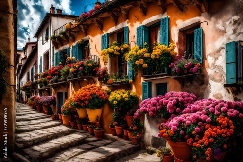 Tipical terrace with colored flowers photo