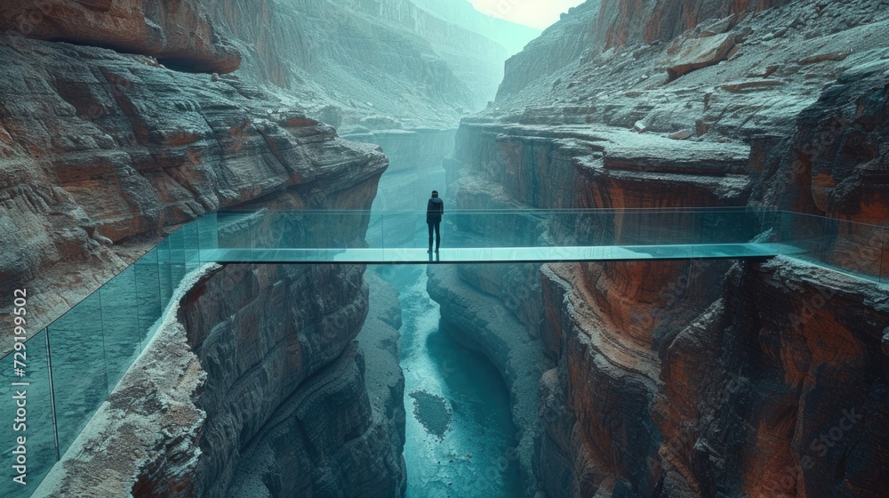 A solo traveler stands on a glass bridge over a deep canyon, looking down. The bridge is high above the ground, offering a clear view of the geological layers below - obrazy, fototapety, plakaty 