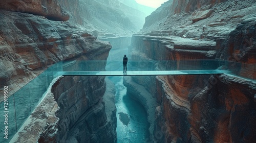 A solo traveler stands on a glass bridge over a deep canyon, looking down. The bridge is high above the ground, offering a clear view of the geological layers below