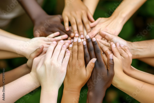 A group of multicultural people with their hands together. Diverse community teamwork