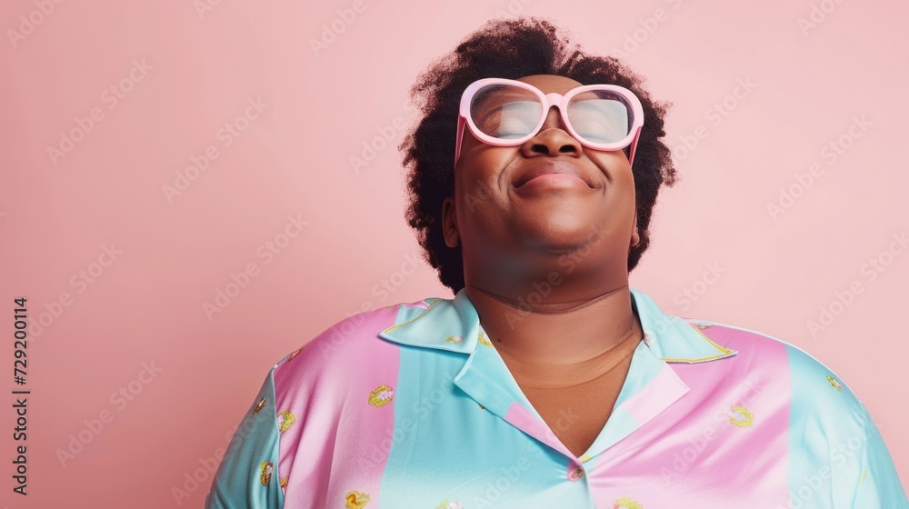 Positivity and grace define this beautiful horizontal studio portrait of a plus-size woman against a pastel background.