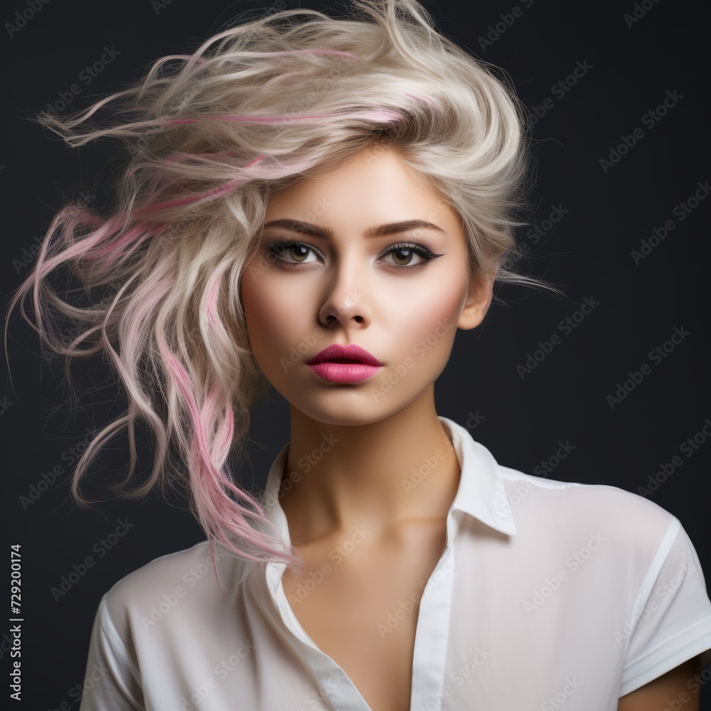 Portrait of beautiful young woman with pink hair on gray background.