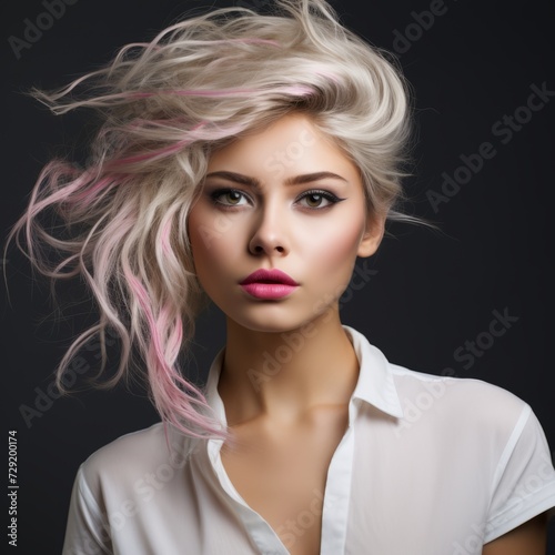 Portrait of beautiful young woman with pink hair on gray background.