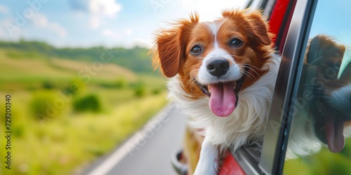 Spaniel Dog Looking Out Car Window. Cheerful Spaniel with ears flapping, enjoying a car journey.