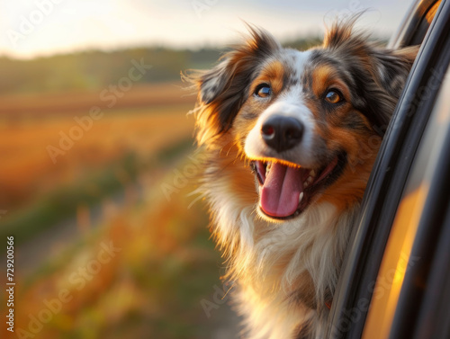 Aussie Shepherd Feeling the Wind on a Drive. Australian Shepherd dog enjoying a car ride.
