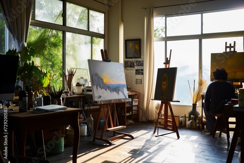 morning light flooding studio with artist painting