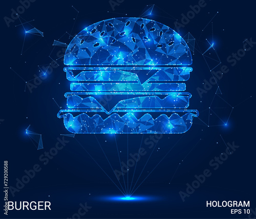 A hologram of a burger. A burger made of polygons, triangles of dots and lines. Burger is a low-poly compound structure. Technology concept vector.