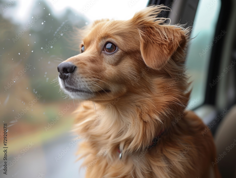 Pensive Dog on Rainy Day Drive.
Reflective dog looking out car window. Pensive Dog on Rainy Day Drive.
Reflective dog looking out car window.