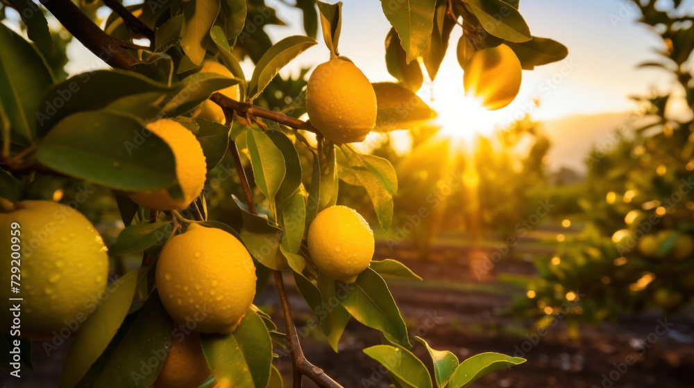 Agricultural, Fresh lemons on the tree in a lemon farm.