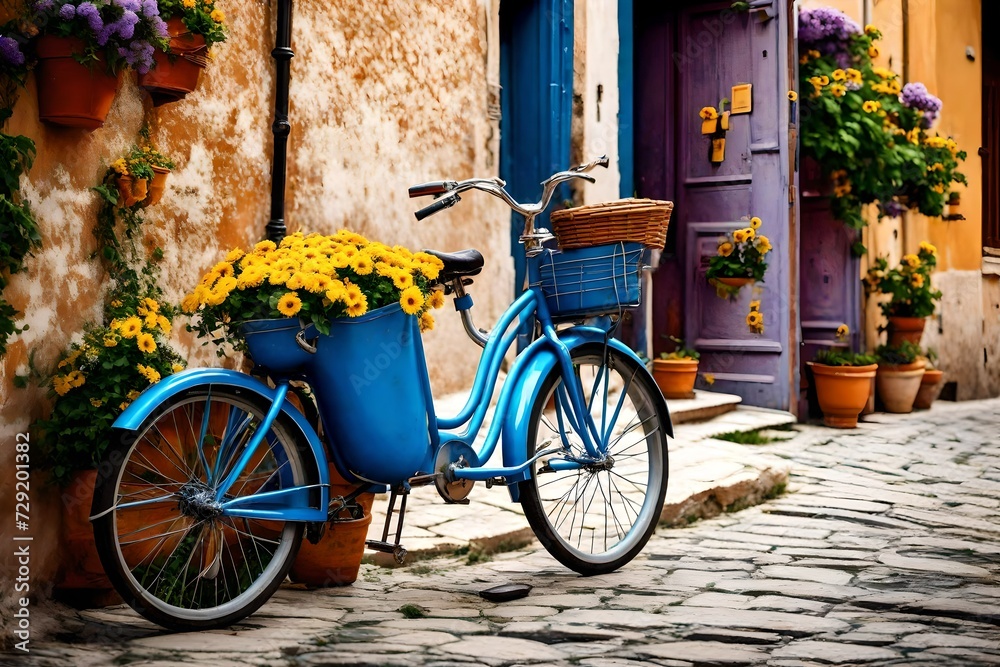 Blue bike with purple and yellow flowers on the streets of Rovinj