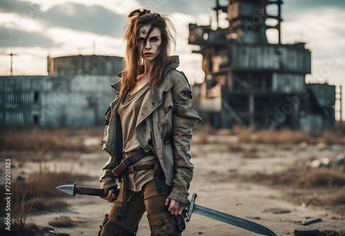 Post-apocalyptic woman with weapon outdoors.