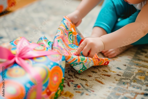 child opening a present, colorful wrapping paper