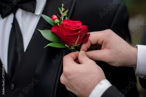 closeup of a man pinning a red rose boutonniere on a black suit lapel