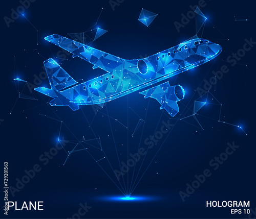 A hologram of an airplane. Aviation consists of polygons, triangles of points and lines. The plane is a low-poly compound structure. Technology concept vector.
