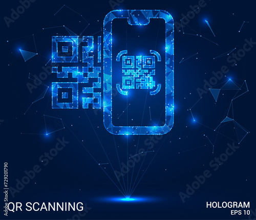 Hologram QR scanning. The phone QR code consists of polygons, triangles of dots and lines. QR scanning low-poly compound structure. Technology concept vector.