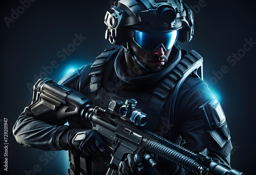 Futuristic soldier with the rifle on dark