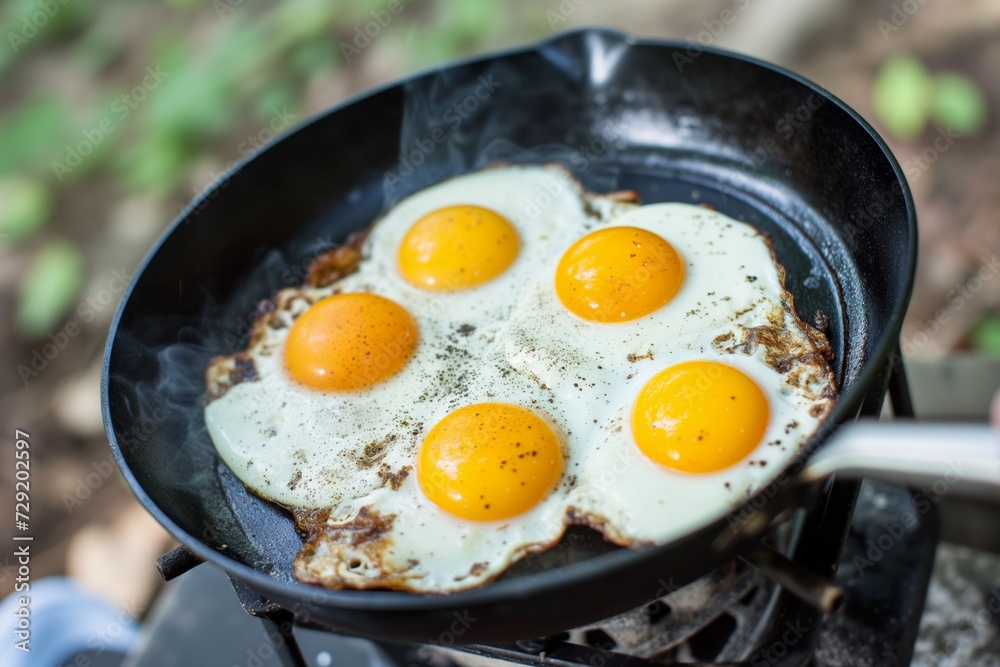 chef fries eggs on a camping stove chef fries eggs on a camping stove