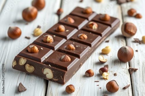 Sweet chocolate bar with hazelnuts on wooden background