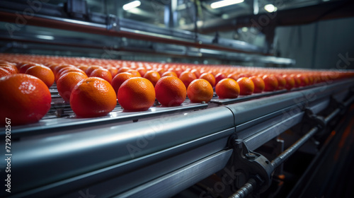 Agricultural, Row of Oranges on a conveyor belt.