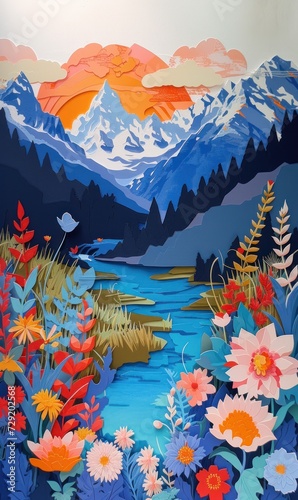 Abstract landscape in 3d paper cut style. Beautiful nature. Travel concept.