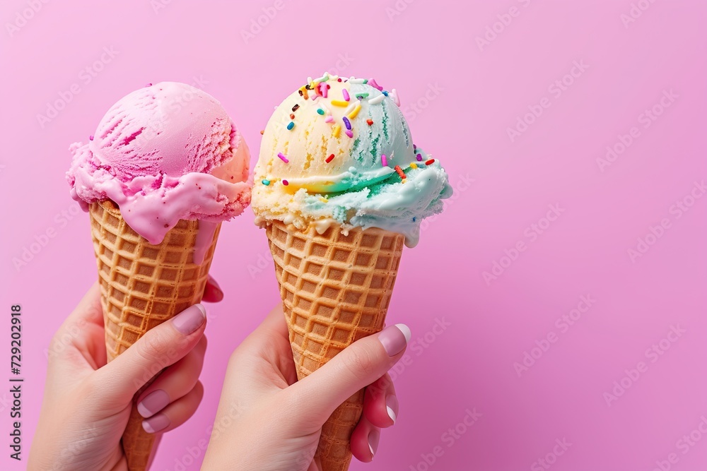 Ice cream with sprinkles in waffle cones in female hand Ice cream with sprinkles in waffle cones in female hand