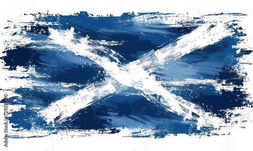 Grunge painted Scotland flag. Template for invitation, poster, flyer, banner, etc. Abstract watercolor splashes flag of Scotland. Saint Andrew day concept. photo