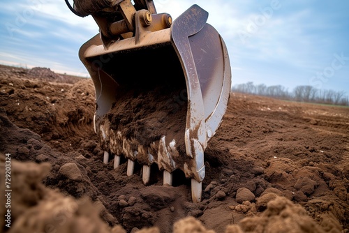 excavator teeth piercing ground, lifting a fresh scoop of earth photo
