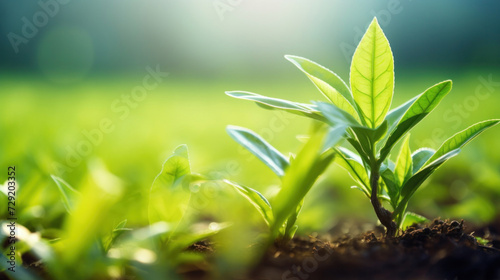 Close up of Green tea leaf in the morning  tea plantation. Green tea bud and leaves.