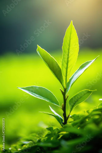 Close up of Green tea leaf in the morning, tea plantation. Green tea bud and leaves.