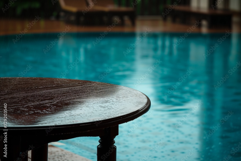 table by the poolside with a wet surface