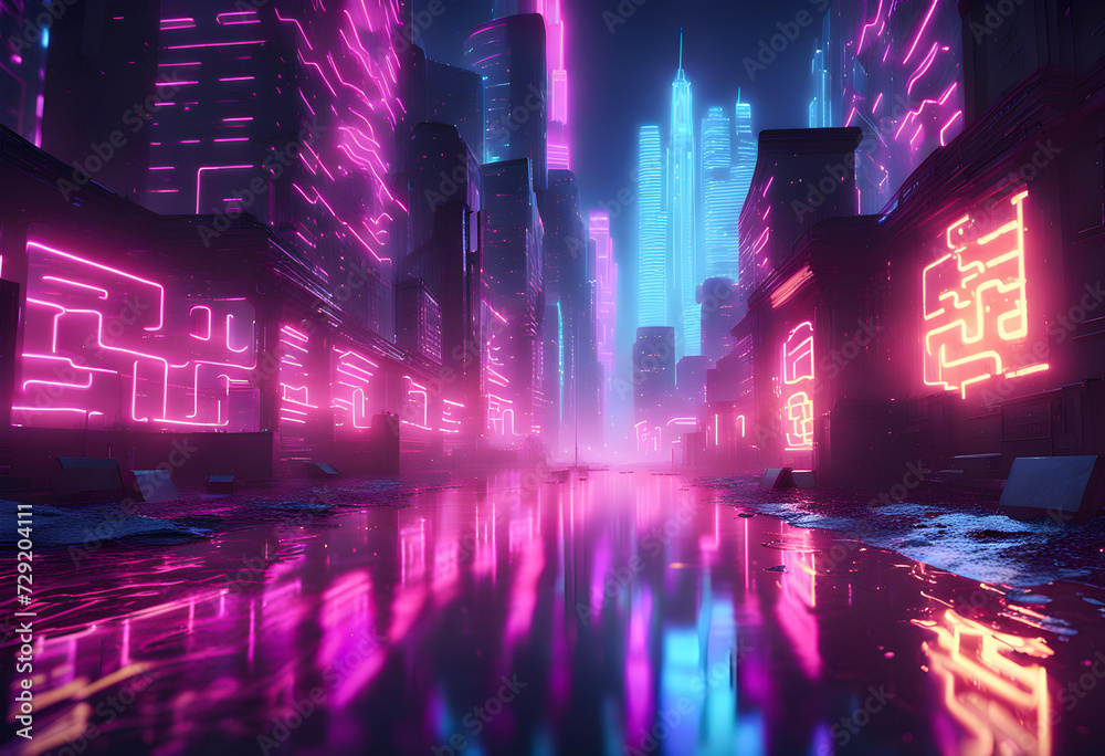3D Rendering of neon mega city