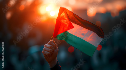 hand holding the Palestinian flag firmly, showing the spirit of resistance and empowerment. photo