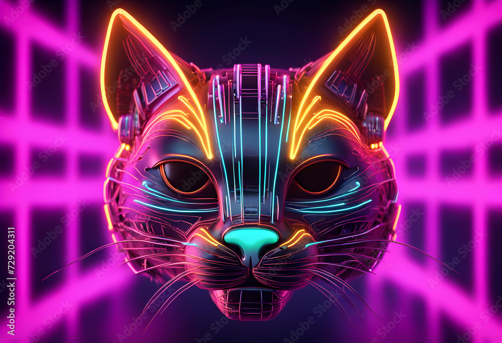 3d image of cyber cat head neon glow
